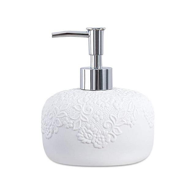 White Hand Soap Dispenser - Dish Soap Dispenser for Bathroom Kitchen Countertop Ceramic Bathroom Soap Pump Lotion & Liquid Bath Soap Dispenser with Embossed Design
