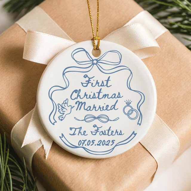 Custom First Christmas Married Ornament, 1st Anniversary Gift, Personalized Holiday Couple Gift, Coquette Bow Mr Mrs Newlywed Wedding Gift