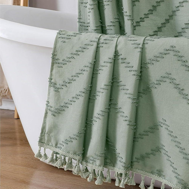 OWENIE Boho Shower Curtain, Sage Green Fabric Cloth Shower Curtains Farmhouse Tufted Chevron Striped Textured with Tassel for Bathroom, Soft Hotel Style Modern Minimalist, Machine Washable, 72x72