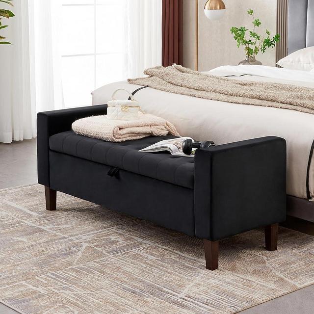 Befurtori Upholstered Storage Ottoman, Button-Tufted Entryway Bench with Solid Wood Legs, Velvet Storage Bench for Bedroom End of Bed, Living Room, Dining Room, Black