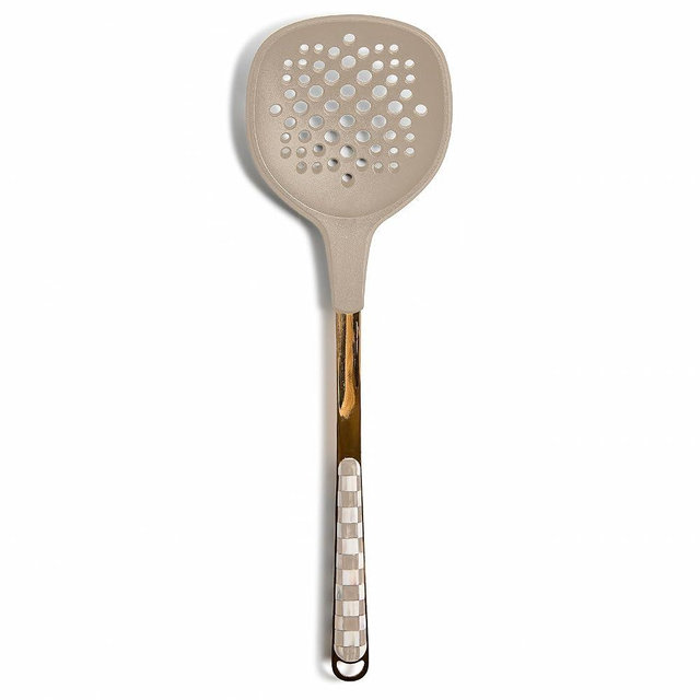 MACKENZIE-CHILDS Slotted Turner, Silicone Turner Spatula for Cooking, Brown-and-White Mocha Check