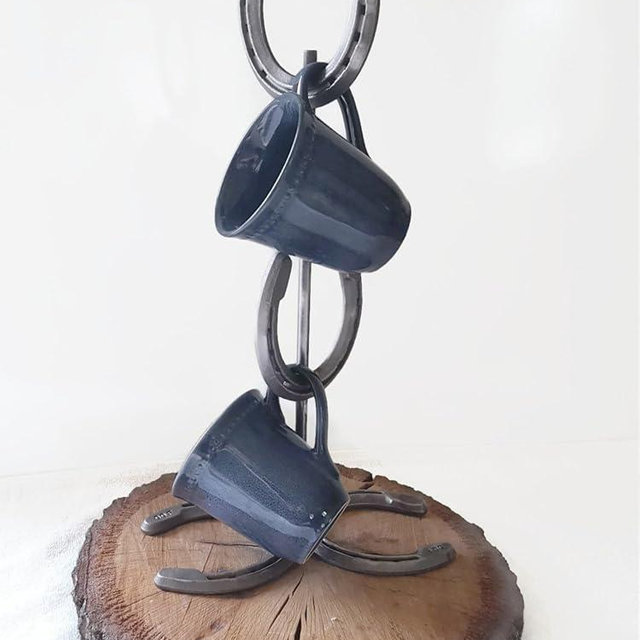 The Heritage Forge Rustic Steel Horseshoe Mug Holder - 4 Mugs - Countertop - Western & Rustic Kitchen