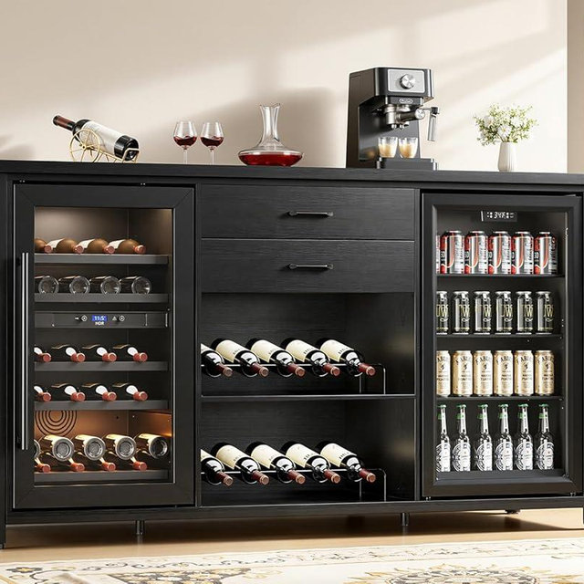 Leteuke Large Coffee Bar Cabinet with 2 Fridge Space, 70.8" L Kitchen Wine Cabinet, Wood Buffet Sideboard Table Station, Farmhouse Liquor Cabinet with Drawers Wine Rack for Home, Living Room-Black