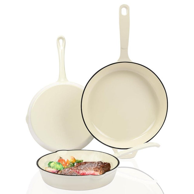 Enameled Cast Iron Frying Pan Set, 3 Piece Set of Skillets, Nontoxic Fry Pan Cookware Set, Cast Iron Ceramic Coated, PFAS & PTFE & PFOA Free, Gas/Induction/Electric/Oven Compatible, Cream White
