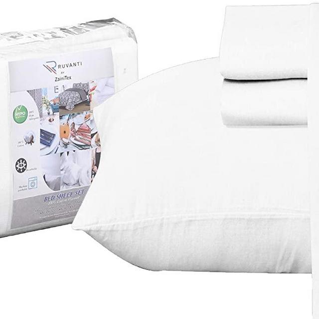Ruvanti 100% Cotton 4 Piece Flannel Sheets Queen-Deep Pocket-All Seasons-Warm-Super Soft-White-Breathable & Moisture Wicking Flannel Bed Sheet Set Queen Include Flat, Fitted Sheet & 2 Pillowcases