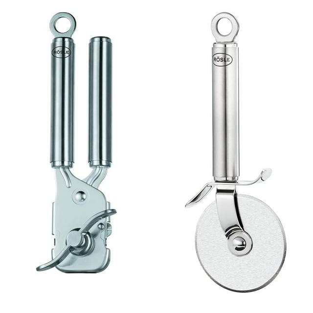 Rosle Stainless Steel Can Opener with Pliers Grip, 7-inch & Stainless Steel Round-Handle Pizza Cutter