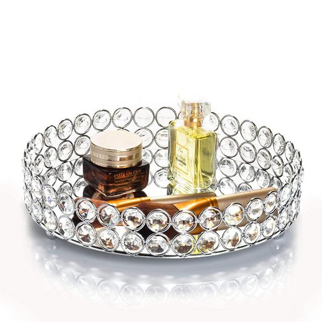 Feyarl Crystal Cosmetic Makeup Tray Jewelry Trinket Tray Organizer Vanity Tray Mirrored Decorative Tray Home Deco Dresser Perfume Skin Care Tray for Christmas Brithday Gift(Round 10" inch) (Silver)
