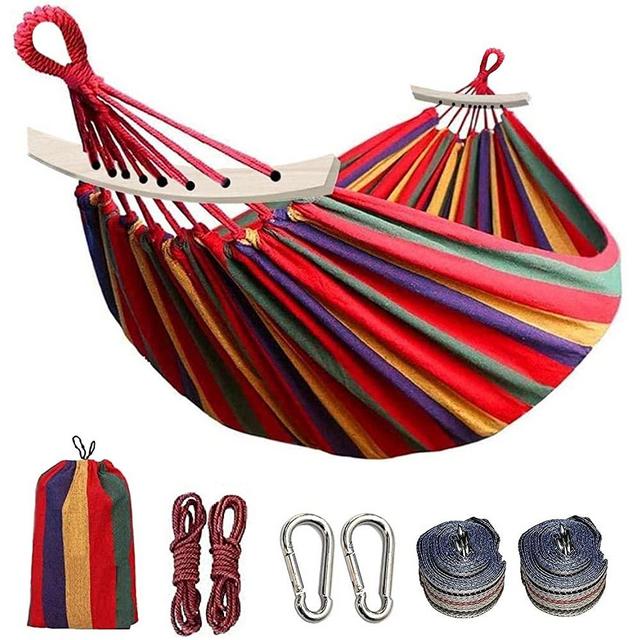 Colel Double Hammock, 2 Person Cotton Canvas Hammock 450lbs Portable Camping Hammock with Carrying Bag Two Anti Roll Balance Beam Metal Carabiner Ropes and Tree Straps for Travel Patio Garden (Red)
