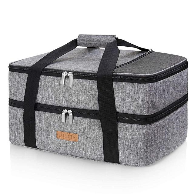 LUNCIA Double Decker Insulated Casserole Carrier for Hot or Cold Food, Lasagna Lugger Tote for Potluck Parties/Picnic/Cookouts, Fits 9"x13" Baking Dish, Grey