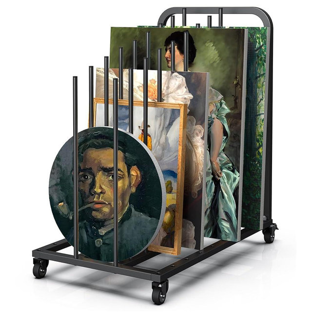 Gtouse Mobile Art Canvas Storage Rack on Wheels, Adjustable Metal Framed Artwork Drying Holder, Large Vertical Picture Frame Display Stand for Painting Boards, Framed Picture, Shipping Box (Black)