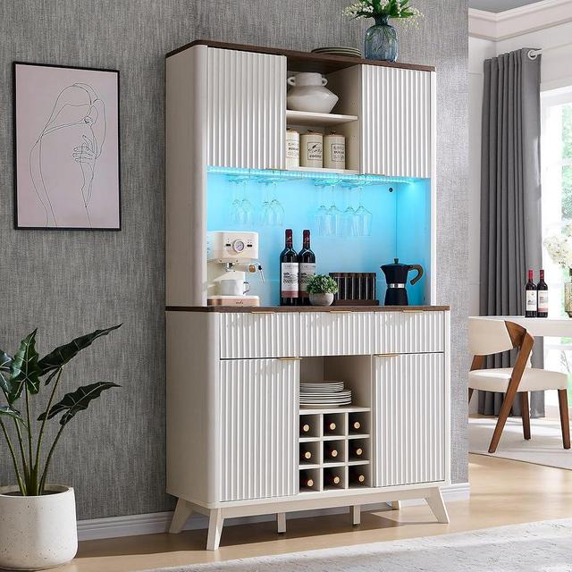 OKD 72" Tall Wine Bar Cabinet with Storage Hutch, Modern Wood Fluted Coffee Bar Cabinet with LED Lights and 10 Tier Storage Shelf & 9 Grid Wine Glass Rack for Home Dining Room Kitchen (Antique White)