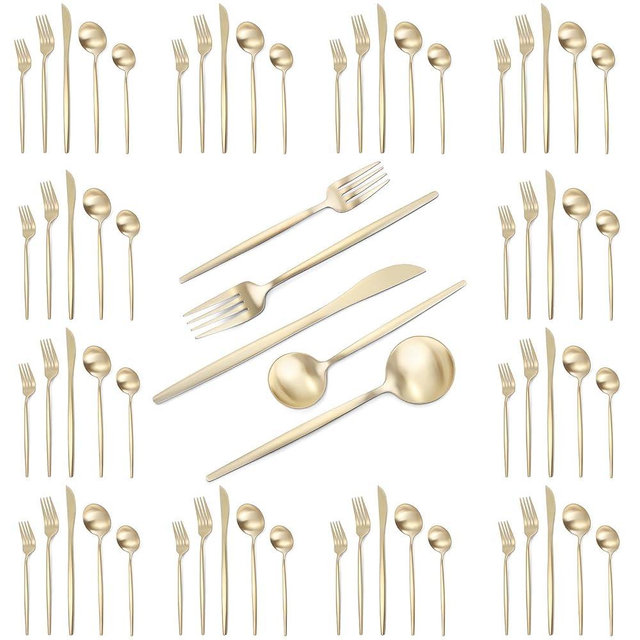 VANVRO Champagne Gold Silverware Set, 60-Piece Stainless Steel Flatware set,Matte Silverware Sets Service for 12, Tableware Cutlery Satin Finish Utensils for Kitchen,Dishwasher Safe