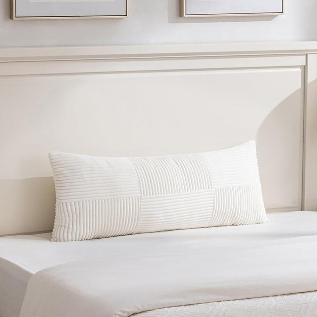Fancy Homi Set of 1 Cream White Boho Long Lumbar Body Decorative Throw Pillow Cover 14x36 Inch for Bed Couch Bedroom Bench, Soft Patchwork Corduroy Textured Pillow Case, Rustic Farmhouse Room Decor