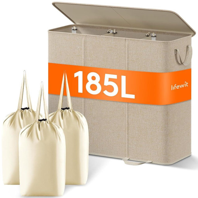 Lifewit Triple Laundry Hamper with Lid and Removable Laundry Bags, Large Collapsible 3 Dividers Dirty Clothes Basket with Handles for Bedroom, Laundry Room, Closet, Bathroom, College, 185L Beige