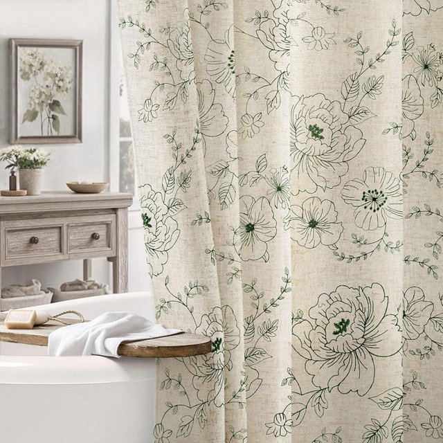 NDDYCU Farmhouse Floral Linen Shower Curtain, Vintage Green Embroidered Pattern Rustic Shower Curtains for Bathroom, Tan Taupe,72x72