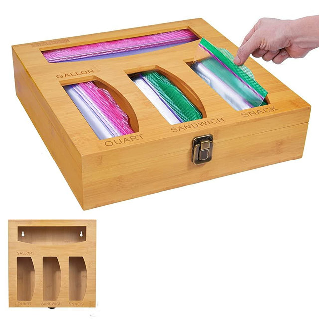 ZIMFANQI Ziplock Bag Storage Organizer for Kitchen Drawer,Bamboo Food Storage Bag Holder,Baggie Box Compatible with Ziploc, Solimo, Glad, Hefty for Gallon, Quart, Sandwich & Snack Variety Size Bag