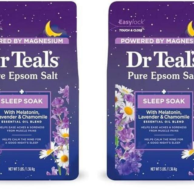 Dr Teal's Pure Epsom Salt Soak, Sleep Blend with Melatonin, Lavender & Chamomile Essential Oils, 3 lbs (Pack of 2)
