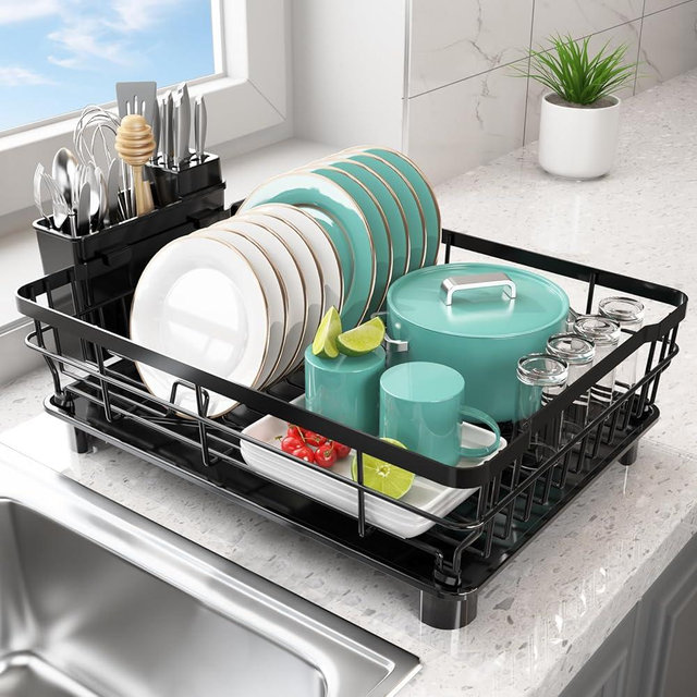 Ricobes Dish Drying Rack - Space Saving Dish Rack - Dish Racks for Kitchen Counter with Drainboard,Rustproof Dish Drainer with Removable Utensil Holder and Swivel Spout,Black