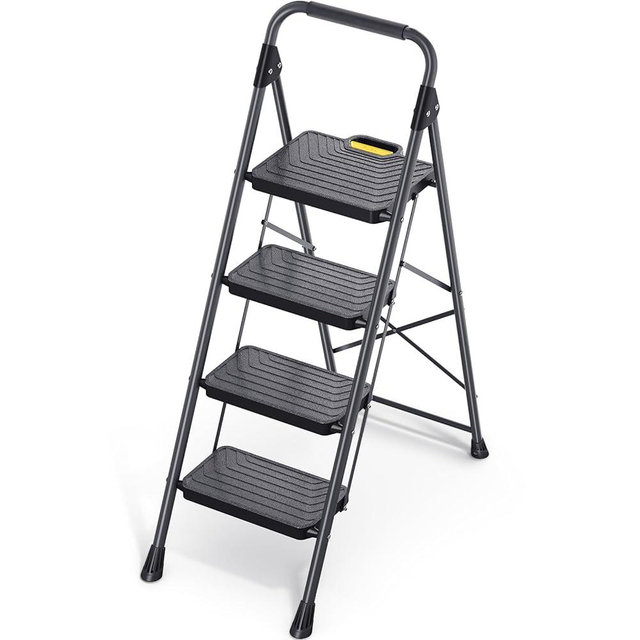 TOOLF 4 Step Ladder, Sturdy Steel Step Stool with Anti-Slip Wide Pedals, Handrail, Safe-Lock Design, Folding Portable Ladder for Multi-Purpose, Home, Kitchen, Pass 800lbs Load Testing, Black