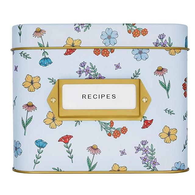 Poiet Tin Recipe Box with Cards and Dividers, Includes 50 4x6 Recipe Cards, 16 Dividers (Wildflower)