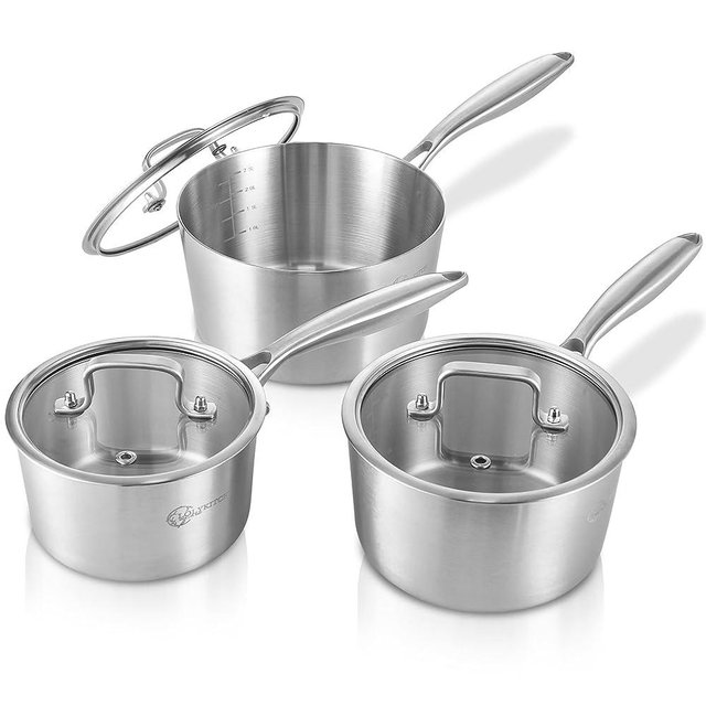 LOLYKITCH Whole Body Tri-Ply Stainless Steel 1.5QT&2.5QT&3.0QT Saucepan set wih Lids 6pcs,Induction Cooking Pot and Pan set,Saucepans,Oven and Dishwasher Safe.