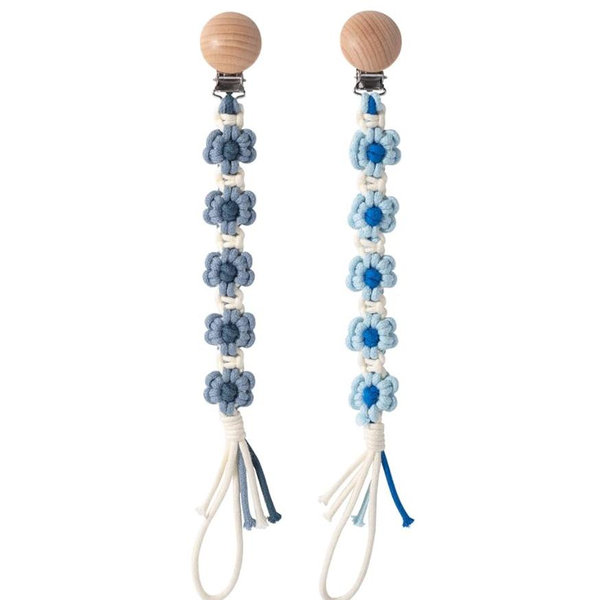 Pacifier Clip for Boys Girls Floral Daisy Macrame Baby Paci Clip Pacifier Holder Leash Boho Wooden Clips Handmade Braided Cotton Binky Clips (Baby Blue & Frost Blue)
