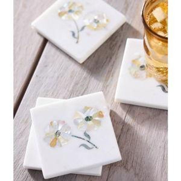 Floral Inlay Marble Coasters, Set of 4