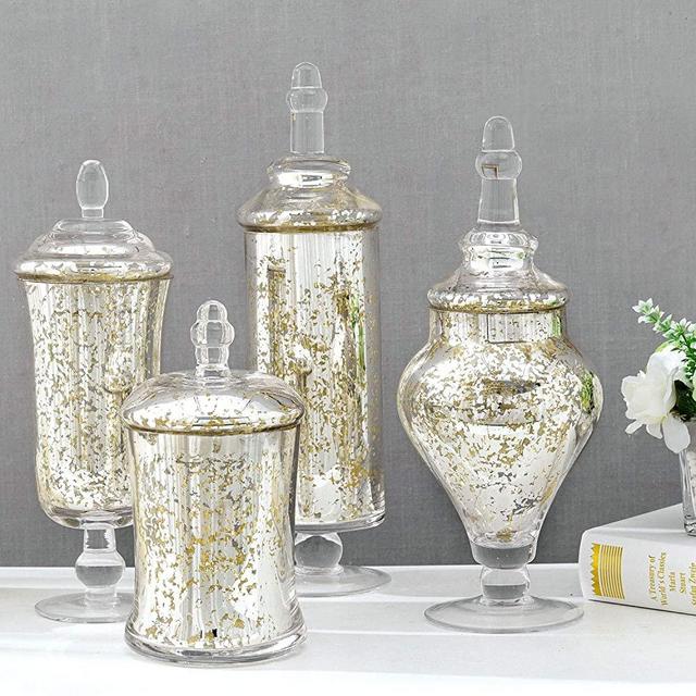 MyGift Decorative Silver Mercury Apothecary Jars with Lids, Wedding and Holiday Centerpiece, Candy Buffet Containers, 4 Piece Set