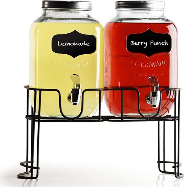 Circleware Beverage Dispensers with Metal Stand, Fun Sun Tea Party Entertainment Glassware Glass Water Pitcher for Iced Cold Punch Drinks, 1 Gallon, Double Yorkshire Chalkboard