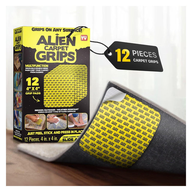 Alien Tape Pre Cut Carpet Grips Double Sided Multipurpose Reusable Adhesive Mounting Pads for Rugs and Floors – 12 Pieces