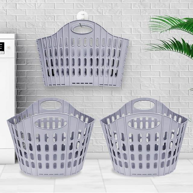 YARWAYER 2 Pack Laundry Hampers, Collapsible Plastic Laundry Basket, Shopping Bag with Carry Handle, Foldable Washing Bin Kitchen Storage for Bathroom, Camping, Supermarket and Car Trunk, Grey