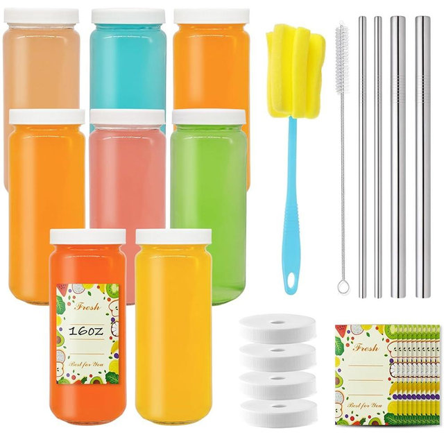 NEWMIAO 8 Pack 16oz Glass Juice Bottles with White Lids, 500ml Reusable Glass Water Bottles Beverages Drinking Jars with Caps, Juice Cups, Cold Brew Containers, Smoothie Jars