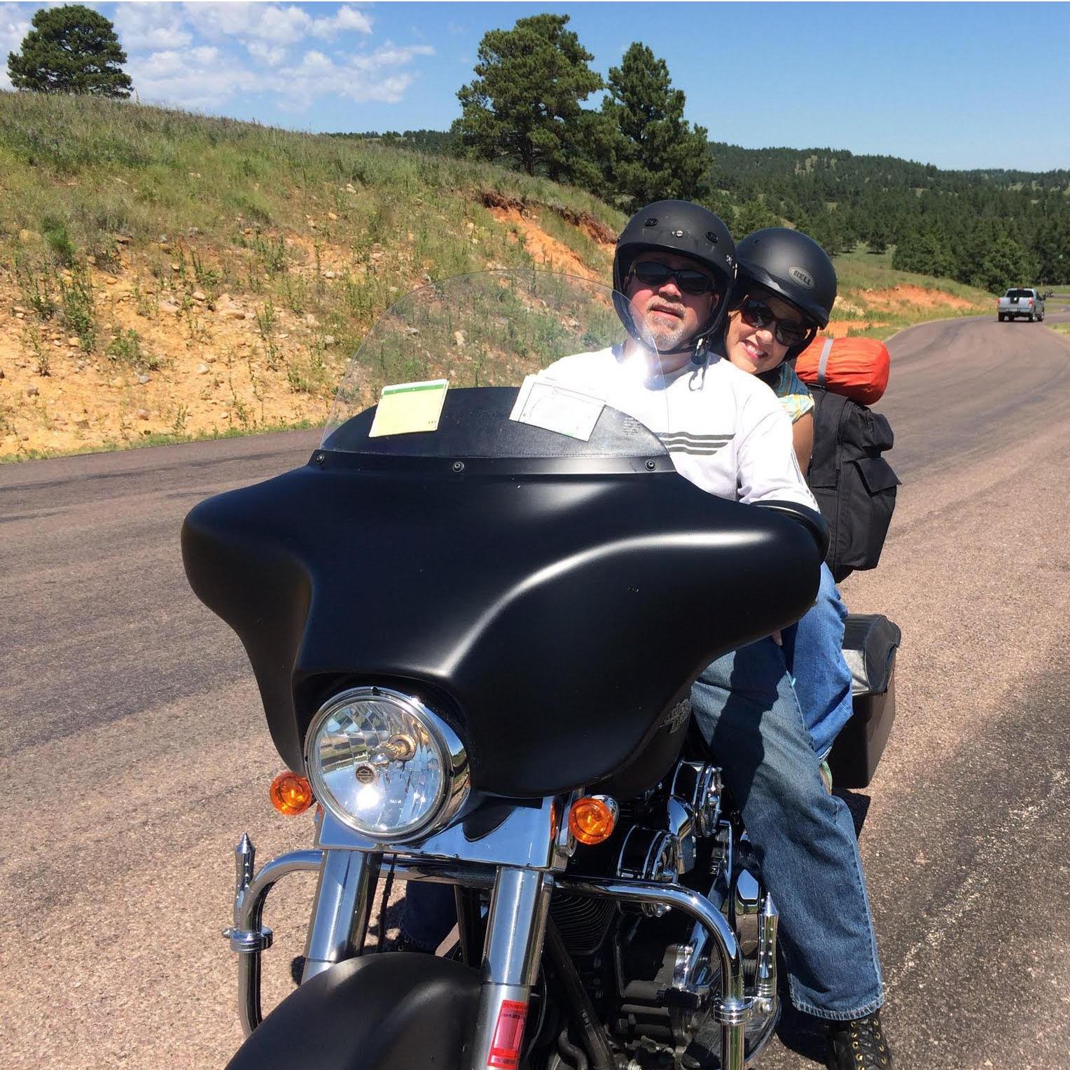 If not on a boat, you may find us on the Harley. Here's a px from our 1st Sturgis Rally trip. We stayed in Hill City, Notice tent on back- we spontaneously decided to camp in Sturgis for a night