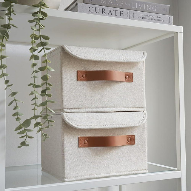 Decorative Linen Storage Boxes with Lids - Spacious Set of 2 Organizer Bins for Your Home Decor - The Perfect Small Container to Safely Store Photos, Documents and Memory Box Keepsakes in Style