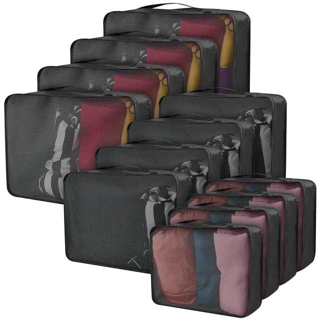 Silkfly 12 Pcs Packing Cubes for Suitcase Travel Luggage Bags Bulk Mesh Organizer Set for Hiking Camping Backpacking Clothes Accessories (Black,XL, L, M Size)