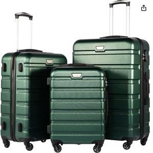 Coolife Luggage 3 Piece Set, Lightweight Durable Hardshell Suitcase set with 360° Spinner Wheels, TSA-approved Lock, Checked Family Travel Luggage sets, 20/24/28 Inch, Dark Green