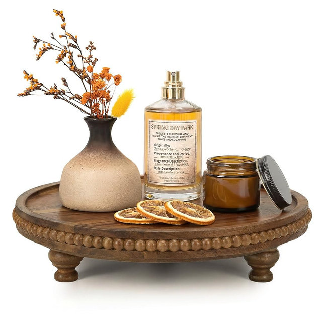 EOSAHR Acacia Wood Beaded Round Display Riser for Room Decor – 3-Leg Wooden Pedestal Stand for Coffee Table Decor, Cake Stand, Perfume & Vanity Organizer – Boho Home Decor for Kicthen Counter (Acacia Wood)