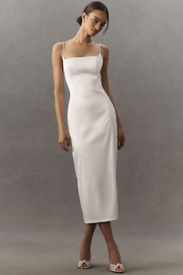 BHLDN Square-Neck Back-Slit Slim Stretch Satin Midi Dress