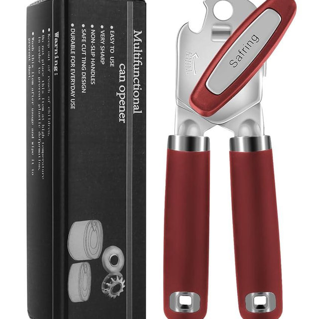 Safring Can Opener Manual, Heavy Duty Handheld Strong Can Opener with Soft Touch Handle, Sharp Blade Smooth Edge, Can Openers with Multifunctional Bottle Opener, Red