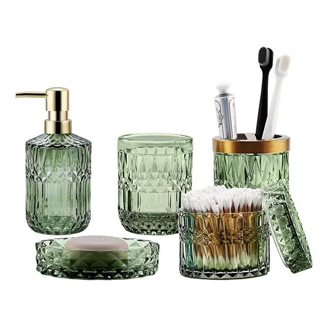 LaMarriti 5Pcs Bathroom Accessories Complete Set, Lotion Dispenser, Soap Dish, Toothbrush Holder, Tumbler, Cotton Swab Jars, Glass Modern Bathroom Decor and Gift Set，Green