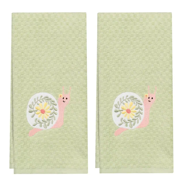 RITZ Snail Floral Kitchen Towel Set, 2-Pack – Embroidered Check Velour Cotton Towels, 16" x 26", Pistachio Green