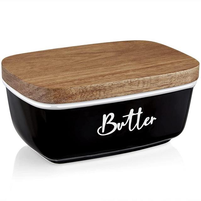 Farmhouse Butter Dish, ALELION Large Ceramic Butter Dish with Lid for Countertop, Vintage Butter Keeper with Wooden Lid, for Home Kitchen Decor, Butter Container Holds Two Sticks of Butter, Black
