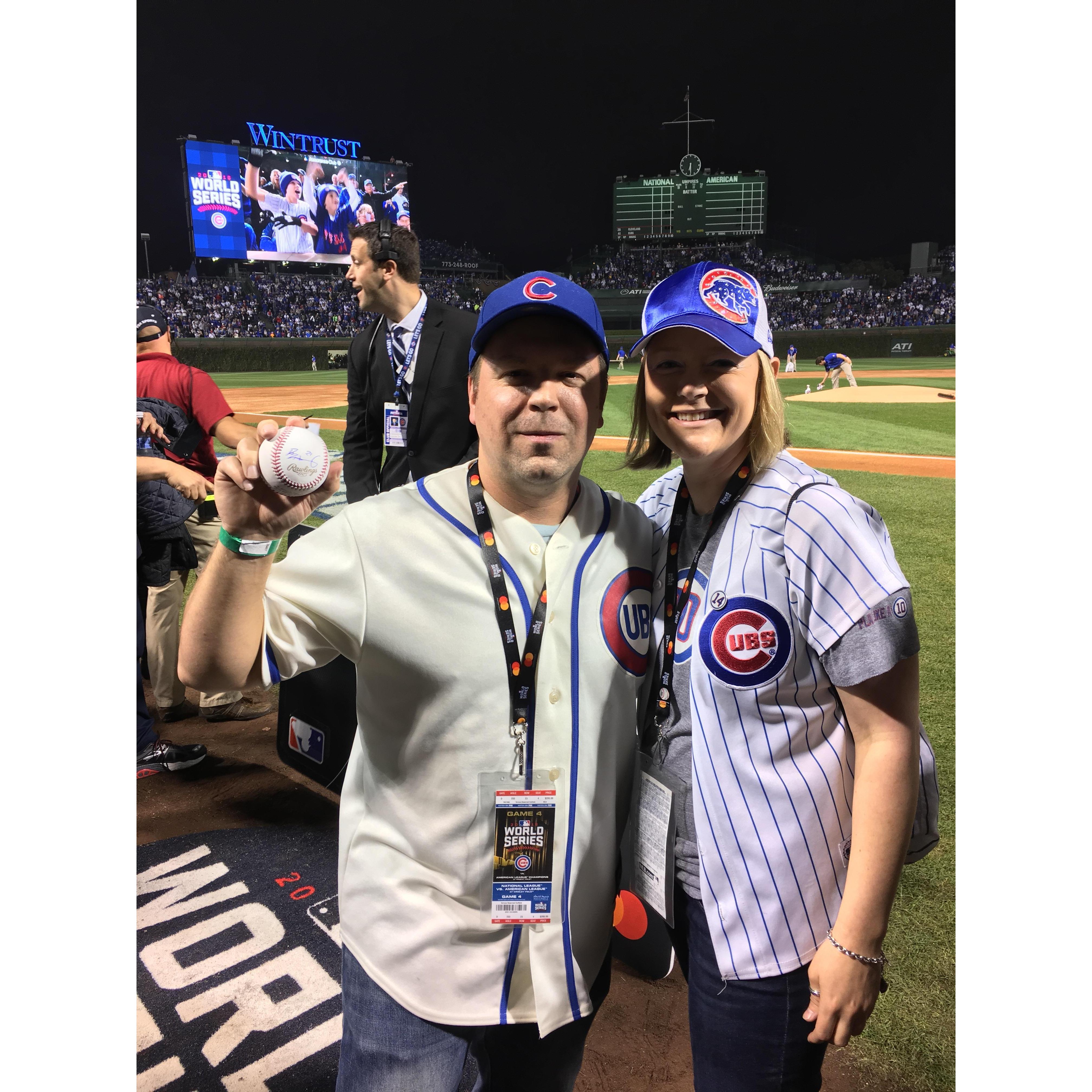 Larry's World Series pitching debut, game 4 2016 standing on the field before the game