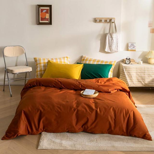 MICBRIDAL Reversible Solid Color Caramel Duvet Cover King Soft 100% Cotton Caramel Bedding Sets with 1 Yellow Pillowcase and 1 Green Pillowcase Modern Style Caramel Comforter Set with Zipper Closure
