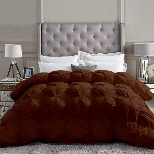 Saferay Green All Season Luxury Hotel Quality Pintuck Style Organic Cotton 1 Piece Pinch Pleat Comforter with 4 Corner Tabs 500 GSM Machine Washable Oversized King Plus 128x120 Brown