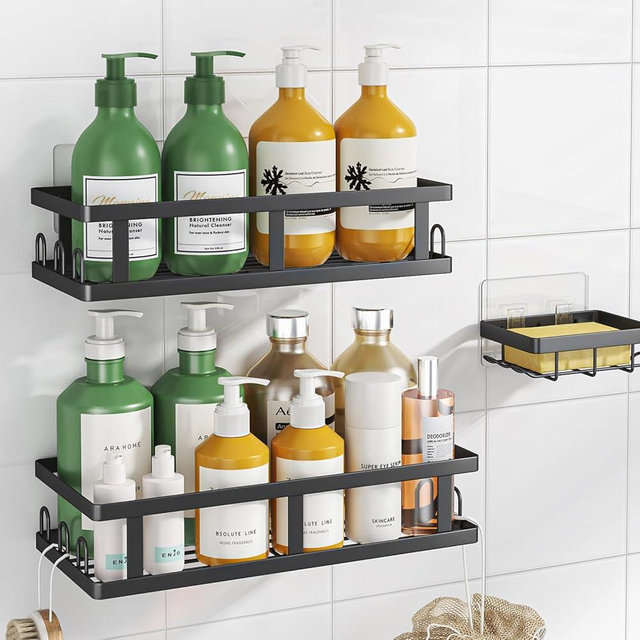 Youvip Shower Caddy Adhesive,No Drill Bathroom Organizer with Soap Holder,Large Capacity Rustproof Shelves for Inside Shower,Bathroom Organizers and Storage,Black