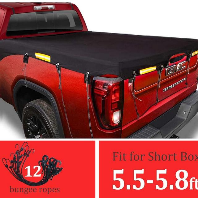 Softclub Upgraded Truck Bed Tarp Cover for Short Box（5.8’ Box） Fit for Ford F150 GMC Silverado/Sierra Ram, Waterproof Heavy Duty 600D Oxford Fabric, Pickup Truck Bed Covers with Bungee Webbings-Black