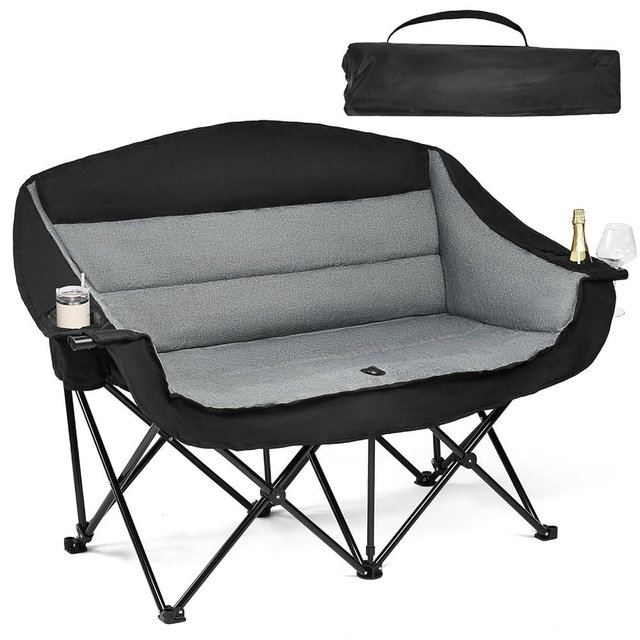 Double Camping Chair Loveseat - 2 Person Oversized Camping Couch for Adults Padded Heavy Duty Outdoor Lawn Beach Portable Folding XL Chairs with Cup Holders and Carry Bag Support 600lbs, Black/Grey