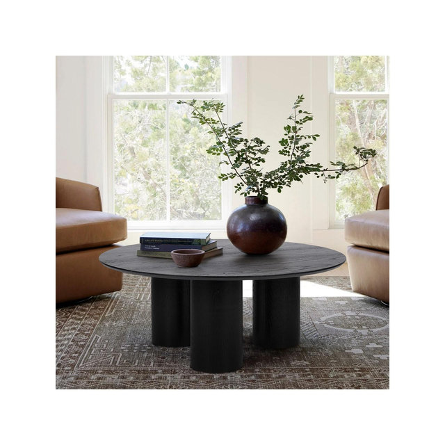 40" Black Drum Coffee Table,Round Black Coffee Table Architectural Design Rich White Oak Wood With 3 Legs Pedestal Round Coffee Table-Maison Boucle