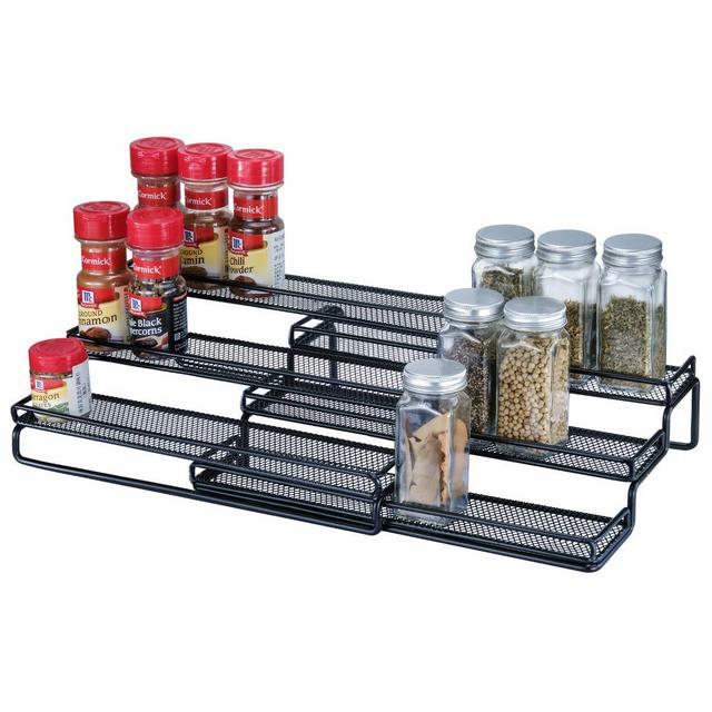 3 Tier Expandable Cabinet Spice Rack Organizer - Step Shelf with Protection Railing (12.5 to 25W), Black